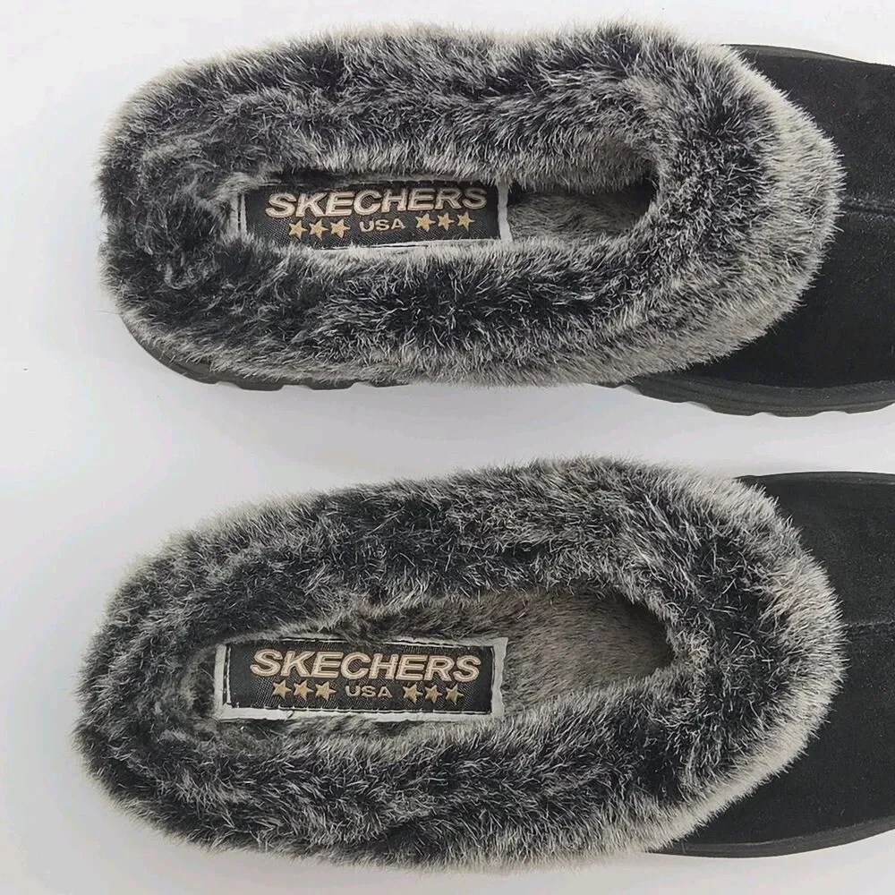 Skechers Shoe Clogs Shindig Platform Black Suede Faux Fur Lined Women Sz 9 Y2K